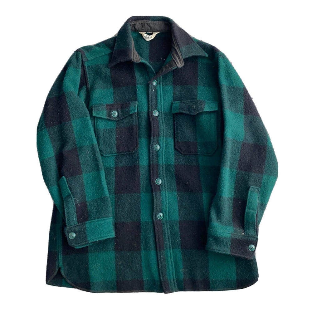 Vintage Woolrich Wool Jacket Size 16 Plaid Green Button Up Pockets Long Sleeve